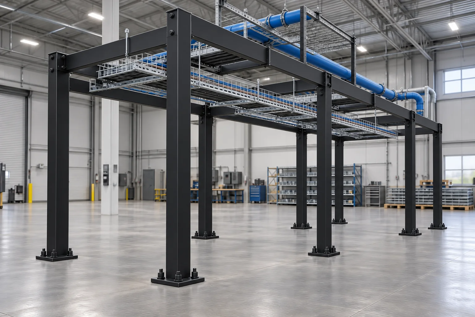 Generated concept of a black powder-coated tube containment frame with square posts, rectangular spans, and overhead service routes in a fabrication facility