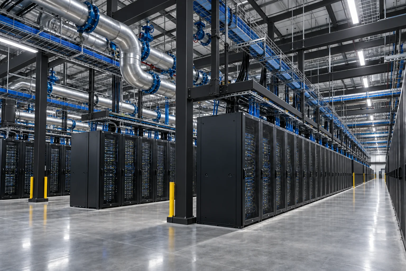 Generated visualization of server rows with black powder-coated tube supports, overhead cooling, and cable infrastructure